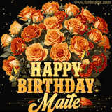 Animated bouquet of orange roses with moving butterfles and golden 'Happy Birthday Maite' text, surrounded by sparkling accents and a dark backdrop for a luxurious feel.