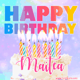 A vibrant animated name GIF with the words 'Happy Birthday Maitea' with colorful candles on a creamy cake. The background sparkles with pastel shades, adding a festive touch.
