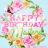 A charming animated GIF featuring 'Happy Birthday Maitena' in pink and green text, surrounded by delicate roses, leaves, and fluttering butterflies on a soft light blue pastel background.