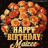 Animated bouquet of orange roses with moving butterfles and golden 'Happy Birthday Maizee' text, surrounded by sparkling accents and a dark backdrop for a luxurious feel.