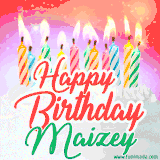 Bright birthday candles with rainbow flames on a cake, alongside the text 'Happy Birthday Maizey' in vibrant script in this celebratory animated GIF.