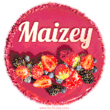 Beautifully decorated red velvet berry birthday cake with vibrant fruits and a glowing 'Maizey' name, adding a touch of sweetness and sparkle.
