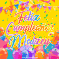 A bright and festive GIF with the text 'Feliz Cumpleaños Maizey' in Spanish in colorful fonts, surrounded by confetti, balloons, and festive banners on a vibrant yellow background.