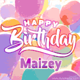 A vibrant name GIF featuring colorful balloons in shades of pink, orange, and yellow with the bold text 'Happy Birthday Maizey' in festive fonts, creating a lively birthday vibe.