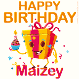 A vibrant and funny gift box character with a happy face dancing with a cupcake and the text 'Happy Birthday Maizey,' surrounded by animated confetti and party vibes.