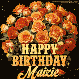 Animated bouquet of orange roses with moving butterfles and golden 'Happy Birthday Maizie' text, surrounded by sparkling accents and a dark backdrop for a luxurious feel.