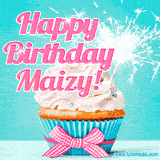 A festive cupcake with pink icing, a gingham bow, and a lit animated sparkler, paired with 'Happy Birthday Maizy!' in bright pink text.