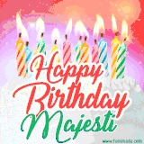 Bright birthday candles with rainbow flames on a cake, alongside the text 'Happy Birthday Majesti' in vibrant script in this celebratory animated GIF.