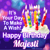 A colorful birthday GIF for Majesti featuring a cupcake with vibrant lit candles and the text 'It's Your Day to Make a Wish! Happy Birthday Majesti' in bold letters on a festive purple background.