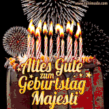 A chocolate birthday cake with glowing candles, the German text 'Alles Gute zum Geburtstag Majesti,' and vibrant fireworks lighting up the background in an animated GIF.
