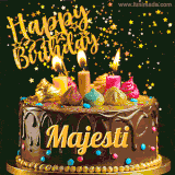 A delightful chocolate birthday cake with bright candles and 'Happy Birthday Majesti' written in gold amidst a shower of animated stars.