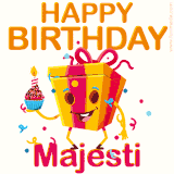 A vibrant and funny gift box character with a happy face dancing with a cupcake and the text 'Happy Birthday Majesti,' surrounded by animated confetti and party vibes.