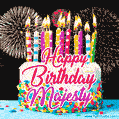 Amazing Animated GIF Image for Majesty with Birthday Cake and Fireworks