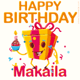 A vibrant and funny gift box character with a happy face dancing with a cupcake and the text 'Happy Birthday Makaila,' surrounded by animated confetti and party vibes.