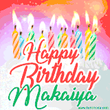 Bright birthday candles with rainbow flames on a cake, alongside the text 'Happy Birthday Makaiya' in vibrant script in this celebratory animated GIF.