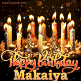 A glowing personalized birthday GIF with name Makaiya featuring lit candles with intricate designs, warm lighting, and the text 'Happy Birthday' in an elegant font.
