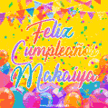 A bright and festive GIF with the text 'Feliz Cumpleaños Makaiya' in Spanish in colorful fonts, surrounded by confetti, balloons, and festive banners on a vibrant yellow background.