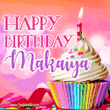 A vibrant birthday GIF featuring a rainbow-colored cupcake topped with white frosting, sprinkles, and a lit candle. The text reads 'Happy Birthday Makaiya' in bold pink and violet letters with white outline.