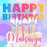 A vibrant animated name GIF with the words 'Happy Birthday Makaiya' with colorful candles on a creamy cake. The background sparkles with pastel shades, adding a festive touch.