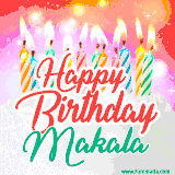 Bright birthday candles with rainbow flames on a cake, alongside the text 'Happy Birthday Makala' in vibrant script in this celebratory animated GIF.