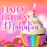A vibrant birthday GIF featuring a rainbow-colored cupcake topped with white frosting, sprinkles, and a lit candle. The text reads 'Happy Birthday Makatza' in bold pink and violet letters with white outline.