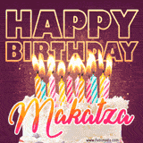 A colorful birthday cake topped with lit candles, with the words 'Happy Birthday Makatza' in bold glowing letters on a burgundy background. Animated flames add a festive touch.