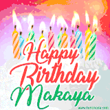 Bright birthday candles with rainbow flames on a cake, alongside the text 'Happy Birthday Makaya' in vibrant script in this celebratory animated GIF.