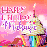 A vibrant birthday GIF featuring a rainbow-colored cupcake topped with white frosting, sprinkles, and a lit candle. The text reads 'Happy Birthday Makaya' in bold pink and violet letters with white outline.