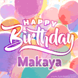 A vibrant name GIF featuring colorful balloons in shades of pink, orange, and yellow with the bold text 'Happy Birthday Makaya' in festive fonts, creating a lively birthday vibe.