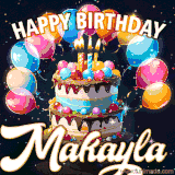 Bright birthday animation for Makayla with a chocolate cake, candles, balloons, and glowing celebratory lights.