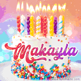 A cheerful white birthday cake with multicolor sprinkles, lit candles, and 'Makayla' written in vibrant letters, in an animated GIF.