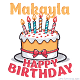 Cartoon birthday cake with a red bow, glowing candles, and 'Makayla Happy Birthday' text in bold animated style.