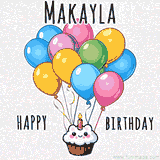 An adorable and cute cupcake with a smiley face and moving colorful balloons create a joyful birthday greeting for Makayla in this cheerful animated greeting E-card.
