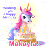 A cute moving unicorn with a birthday cake and candles, featuring 'Wishing you a happy birthday, Makayla!' in colorful text.