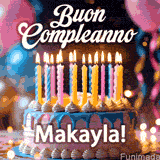 Birthday cake topped with pink and yellow lit candles, surrounded by glowing bokeh lights and party balloons. The greeting 'Buon Compleanno Makayla GIF!' is displayed.