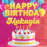Pink-themed animated greeting with balloons, confetti, and a frosted cake under the message 'Happy Birthday Makayla' in bold rounded yellow font.