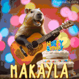 Animated birthday GIF showing a capybara playing guitar and singing beside a birthday cake with the name Makayla in large letters and colorful bokeh lights in the background.
