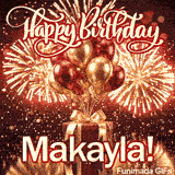 Spectacular golden fireworks filling a dark sky behind red and gold metallic balloons, personalized with Makaylas name.