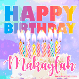 A vibrant animated name GIF with the words 'Happy Birthday Makaylah' with colorful candles on a creamy cake. The background sparkles with pastel shades, adding a festive touch.