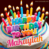 A colorful birthday cake topped with lit candles, with the words 'Happy Birthday Makaylah' in bold glowing letters on a burgundy background. Animated flames add a festive touch.