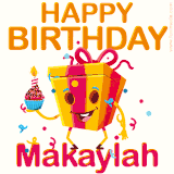 A vibrant and funny gift box character with a happy face dancing with a cupcake and the text 'Happy Birthday Makaylah,' surrounded by animated confetti and party vibes.