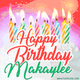 Bright birthday candles with rainbow flames on a cake, alongside the text 'Happy Birthday Makaylee' in vibrant script in this celebratory animated GIF.