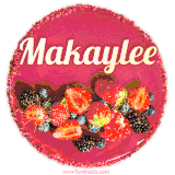 Beautifully decorated red velvet berry birthday cake with vibrant fruits and a glowing 'Makaylee' name, adding a touch of sweetness and sparkle.