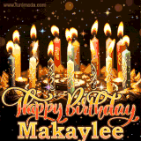 A glowing personalized birthday GIF with name Makaylee featuring lit candles with intricate designs, warm lighting, and the text 'Happy Birthday' in an elegant font.