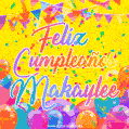 A bright and festive GIF with the text 'Feliz Cumpleaños Makaylee' in Spanish in colorful fonts, surrounded by confetti, balloons, and festive banners on a vibrant yellow background.
