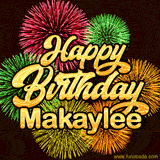 Golden text reading 'Happy Birthday Makaylee' surrounded by vibrant fireworks in red, green, and yellow, set against a dark background in this celebratory birthday GIF.