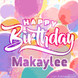 A vibrant name GIF featuring colorful balloons in shades of pink, orange, and yellow with the bold text 'Happy Birthday Makaylee' in festive fonts, creating a lively birthday vibe.