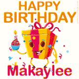 A vibrant and funny gift box character with a happy face dancing with a cupcake and the text 'Happy Birthday Makaylee,' surrounded by animated confetti and party vibes.