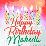 Bright birthday candles with rainbow flames on a cake, alongside the text 'Happy Birthday Makeda' in vibrant script in this celebratory animated GIF.