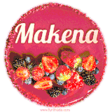 Beautifully decorated red velvet berry birthday cake with vibrant fruits and a glowing 'Makena' name, adding a touch of sweetness and sparkle.